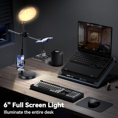 UTEBIT 6 Inch Overhead Ring Light with Stand for Desk, Include Tripod Head | Adjustable Full-Screen LED Lighting With Clamp, Black Zoom Lamp with 3 Color Temperature Modes for Meetings, Live Stream