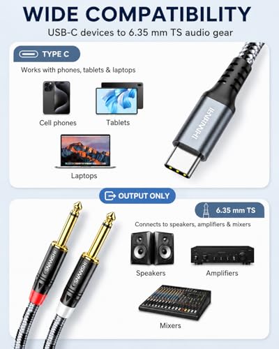 USB C to 1/4 inch Audio Cable 6.6FT - USB-C to Dual 6.35mm TS Mono Y-Splitter for DJ Mixer, Podcasting Music Production Connect Phone/Laptop to Amp, Mixer Speakers(Output ONLY · NOT for Recording)