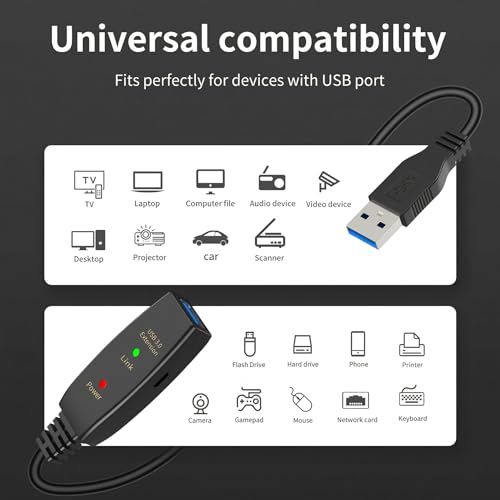 75ft Active USB 3.0 Extension Cable with Signal Booster, USB A Male to Female Extender Cord, Includes Micro USB Power Cable for VR Headset, Webcam, Hard Drive, Printer, Xbox, Plug and Play - size: 75FT