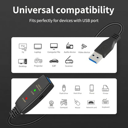 75ft Active USB 3.0 Extension Cable with Signal Booster, USB A Male to Female Extender Cord, Includes Micro USB Power Cable for VR Headset, Webcam, Hard Drive, Printer, Xbox, Plug and Play - size: 75FT