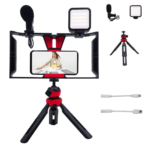 Vlogging Kit for iPhone Android Accessories, with Phone Mount, Tripod, LED Light, Microphone to One-Hand Operate Video Calling, Vlogging, YouTube, Instagram, Tiktok (ABS Black) - color: ABS Black