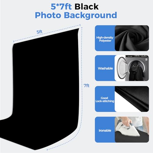EMART Black Photo Backdrop with Stand Kit 6.5x5ft, Photography Black Background Screen with Portable T-Shape Support and 5 Clamps for Video Recording, Meetings, Self Tape - size: 6.5x5ft