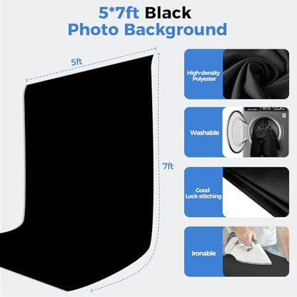 EMART Black Photo Backdrop with Stand Kit 6.5x5ft, Photography Black Background Screen with Portable T-Shape Support and 5 Clamps for Video Recording, Meetings, Self Tape - size: 6.5x5ft