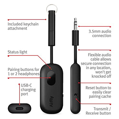 Twelve South AirFly Pro Bluetooth Wireless Audio Transmitter/Receiver for up to 2 AirPods/Wireless Headphones; Use with Any 3.5 mm Audio Jack, Black - color: Black, style: AirFly Pro