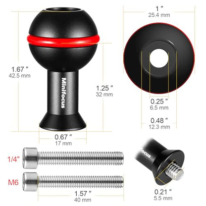 MINIFOCUS 1" Ball Adapter with M6 & 1/4" Threaded Stud, Aluminum Alloy Fixed Ballhead Mount Adapter for Action Camera & Camcorder Compatible Underwater Tray Bracket Flashlight System