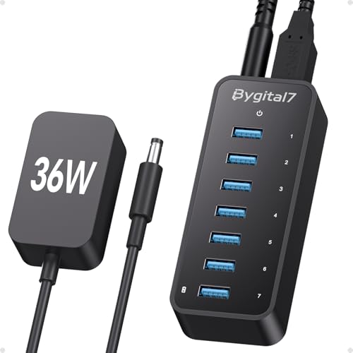 Powered USB 3.0 Hub, 7-Port USB Data Hub with 1 BC1.2 Port and 36W Power Adapter, USB Splitter for Laptop, PC, Desktop, External HDD, and Mobile Devices - color: 7-Ports Data Hub
