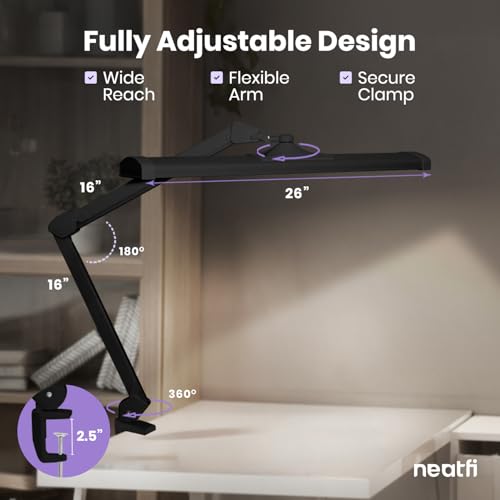 Neatfi Ultra 3,500 Lumens LED Desk Lamp with Clamp – 45W, 270 SMD LEDs, Shadow-Free | Adjustable Brightness | Task Light for Nail, Craft & Office (Black, 26-Inch Wide Shade) - color: Black