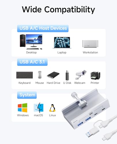 USB Hub 3.1, 10Gbps Clamp USB Hub with 2 USB-A Data Ports, 2 USB-C Port with Extra Power Supply Port (Silver) - color: Silver
