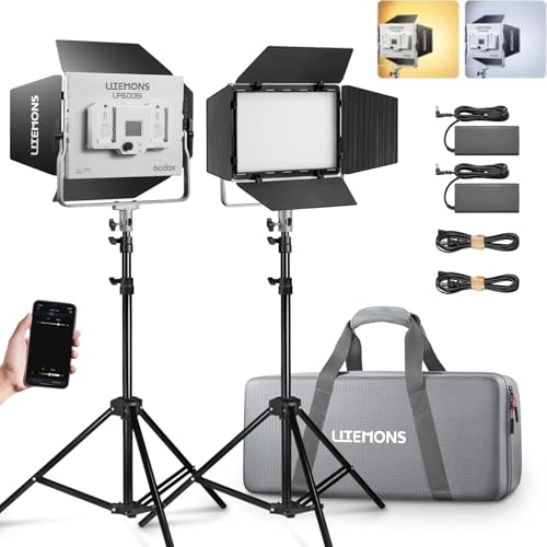 Godox LP600Bi Led Video Light Panel Light with Barndoor, 2-Pack Bi-Color 2800K~6500K 65W Soft Lights with Light Stand, APP Control CRI96+ 9020Lux LED
