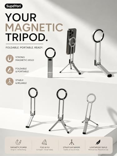 Mini Pocket Magnetic Phone Tripod – Aluminium Foldable Stand with Strong Magnet, Maglock Smartphone Tripod Compatible with iPhone 17 16 15 14 13 12 Series, Silver - color: Silver