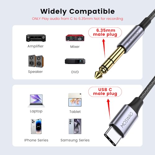 MOSWAG USB-C to 6.35mm 1/4" TRS Stereo Audio Adapter Cable 3.28FT/1M | Gold-Plated OFC Braided Cord for Smartphone,Pad,Laptop to Amp,Speaker,Headphone,Mixer(Playback Only,No Recording) - size: 3.28 ft