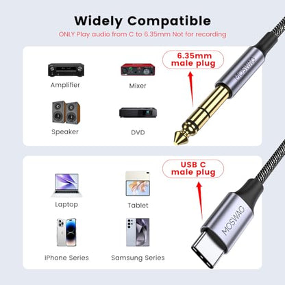 MOSWAG USB C to 1/4 Male Audio Stereo Cable, USB C to 6.35mm 1/4 TRS Audio Cable for Smartphones S25 S25+ Ultra iPhone 15 16 Pro Max Amp Speaker (10ft/3m) No Recording Support - size: 10 ft