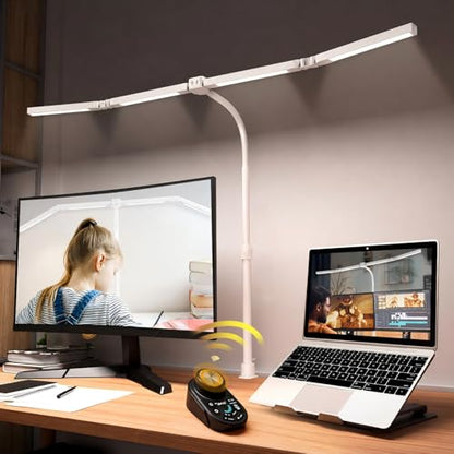 Adjustable LED Desk Lamp with Clamp, 4-Head Eye-Caring CRI95+ Desk Light, Stepless Dimming & Color Temp Remote Control, Flexible Neck, 5-Mode for Reading, Computer, Crafting, 90" Wide Desk Coverage - color: White