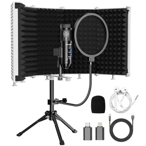 Upgraded Studio Recording Microphone with Isolation Shield & Pop Filter - Music Condenser Mic for Podcasting, Singing, Home Studio - Sound for PC, Laptop, Smartphone - color: White