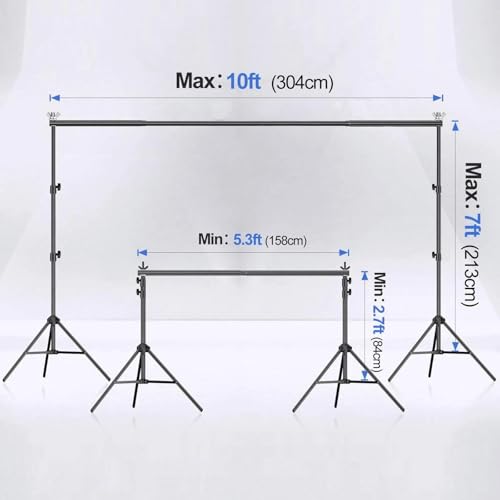Adjustable Backdrop Stand, 10x7ft, Iron, with 4 Crossbars and 4 Clamps, Photography Studio Background Support for Party, Wedding, Birthday