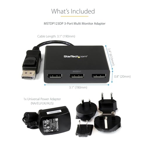 StarTech.com 3-Port DisplayPort 1.2 Splitter, DisplayPort to 3x DP Multi-Monitor Adapter, Dual 4K 30Hz and 1080p 60Hz Computer MST Hub, Windows Only (MSTDP123DP) - size: 3x DP 1.2