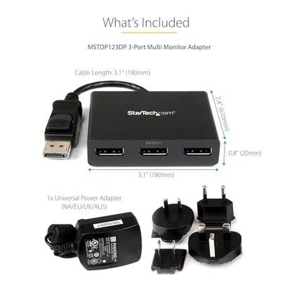 StarTech.com 3-Port DisplayPort 1.2 Splitter, DisplayPort to 3x DP Multi-Monitor Adapter, Dual 4K 30Hz and 1080p 60Hz Computer MST Hub, Windows Only (MSTDP123DP) - size: 3x DP 1.2