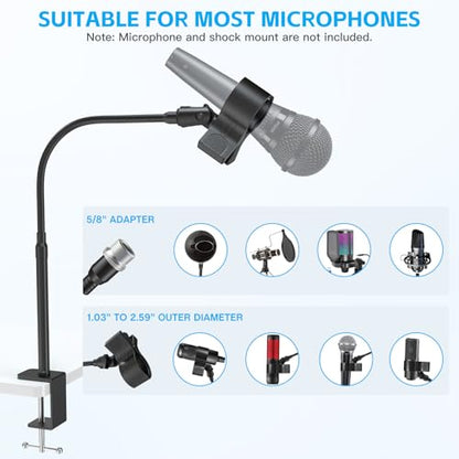 ZealSound Microphone Stand 19inch,Flexible Gooseneck Desktop Mic Stands,Upgraded Microphone Clip Holder for Mics with Outer Diameter 1.03" and 2.59",3/8" to 5/8" Screw Adapter for Blue Yeti and More