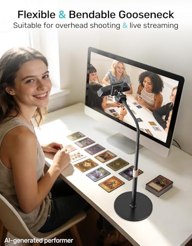 Webcam Tripod Stand with Phone Holder, Gooseneck Arm with 360° Ballhead for Desktop & Overhead Recording, Compatible with Logitech Cam C920 C922 C930e C960 C615 BRIO NexiGo N60 with 1/4'' Thread