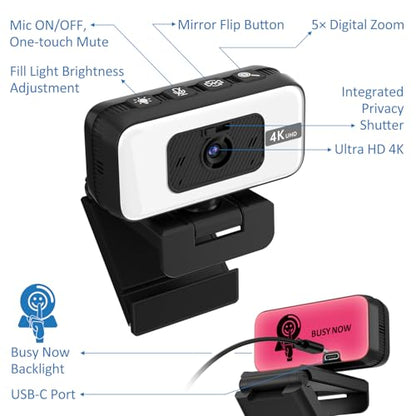 4K Webcam with AutoFocus, USB Plug and Play Webcam with Microphone for PC/Laptop, Privacy Cover, Brightness Adjust, Flip, Zoom for Video Meeting
