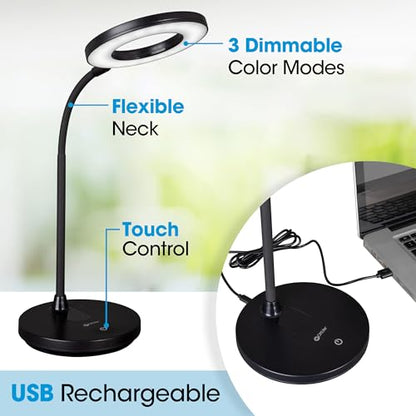 OttLite Vibe LED Ring Light, Rechargeable, 3 Color Temperatures, Black | ClearSun LEDs Reduce Eyestrain | 360-Degree Illumination | Flexible Neck | 5.5" Ring Light | USB-Powered or Rechargeable - color: Black Desk Light