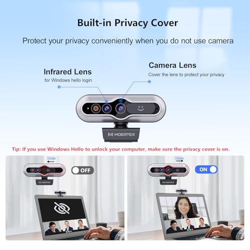 2K HD Webcam with Infrared Windows Hello Facial Recognition, Computer Camera, Privacy Cover, Noise Canceling Microphones, Laptop Webcam For Video Conferencing, Live, Streaming, Online Learning - style: 2K Windows Hello webcam