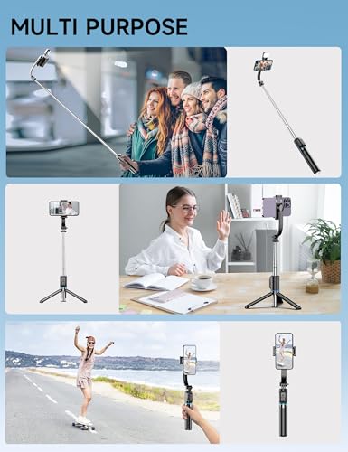 42" Selfie Stick Tripod with Fill Light Extendable Phone Stand All-in-1 Selfie Stick Travel Tripod with Detachable Remote & Phone Holder Cell Phone Tripod Compatible with iPhone/Android - color: Black with Light