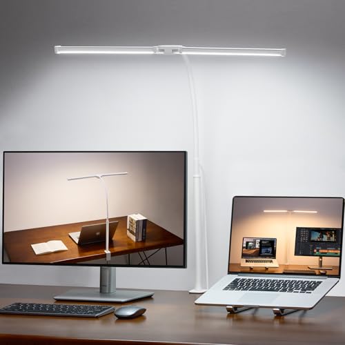 Voncerus LED Desk Lamp for Home Office, Double Head Architect Light with Clamp, Computer Monitor Clip on Light, 3 Modes and 10 Brightness, Adjustable Flexible Goose-Neck, Table Task Lamp, White - color: White Pro