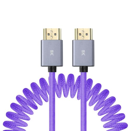 Uonecn 8K Coiled HDMI Cable for Camera Monitors, 48Gbps Braided Coiled HDMI for Atomos Ninja V, Portkeys BM5, Short HDMI Cable for Sony A7iv, Z-CAM F6, Z-Cam E2 Pro Cameras, Purple, 12"-18" - color: Purple, size: Straight to Straight