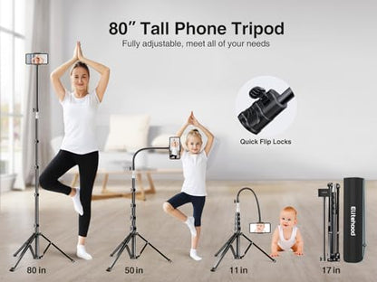 elitehood 80” Tall Phone Stand Tripod, Floor Phone Recording Holder, Heavy Duty Adjustable iPhone Tripod Stand Compatible with iPhone 15 14 13 12 - style: Flexible Arm with 360° Horizontal Rotation
