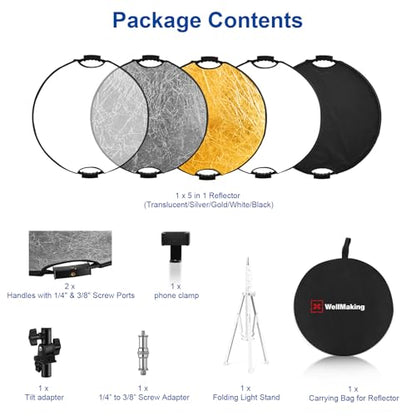 WELLMAKING 32''(80cm) Photography Reflector Dual Handle Collapsible 5-in-1 with Tilt Adapter Reflector, White Portable Stand and Pouch for Studio & Outdoor Lighting-Translucent,Silver,Gold,White&Black