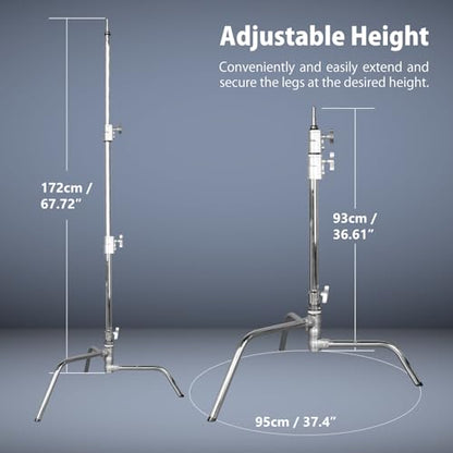 Kupo 20" C-Stand Turtle Base Professional Grip Stand with Detachable Base, Two Riser/Three Section Design, Heavy-Duty Steel Construction, Silver (KS704112) - color: Silver, style: 20" Turtle Base