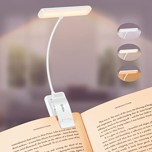 Gritin 19 LED Rechargeable Book Light for Reading in Bed | Eye Caring 3 Color Temps,Stepless Dimming Brightness,Memory Function,90 Hrs Runtime Lightweight Clip on Light-White - color: White