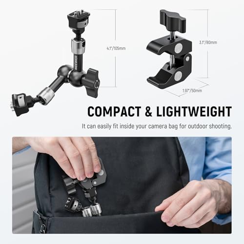 NEEWER 7" Articulating Magic Arm Clamp Mount with Super Clamp, Camera Monitor Mount with 1/4" 3/8" ARRI Locating Pins & Holes for DSLR Action Camera Video Light Compatible with SmallRig Cage, ST07C - style: ST07C w/Clamp