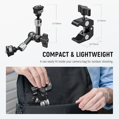 NEEWER 7" Articulating Magic Arm Clamp Mount with Super Clamp, Camera Monitor Mount with 1/4" 3/8" ARRI Locating Pins & Holes for DSLR Action Camera Video Light Compatible with SmallRig Cage, ST07C - style: ST07C w/Clamp
