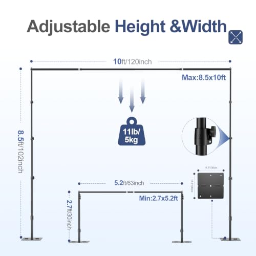 EMART Backdrop Stand,10x8.5ft(WxH) Adjustable Photo Background Stand with Upgrade Rod,Heavy Duty Flat Base,Metal Pipe and Drape Frame for Wedding,Birthday Party,Decorations,Photography Studio - size: 10x8.5ft