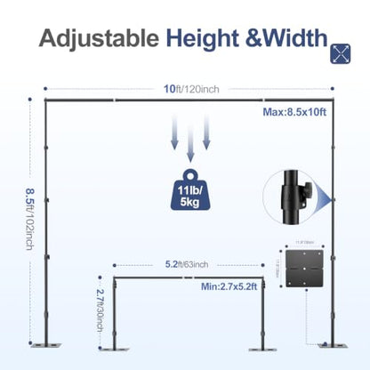 EMART Backdrop Stand,10x8.5ft(WxH) Adjustable Photo Background Stand with Upgrade Rod,Heavy Duty Flat Base,Metal Pipe and Drape Frame for Wedding,Birthday Party,Decorations,Photography Studio - size: 10x8.5ft