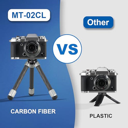 LEOFOTO Carbon Fiber Small Tabletop Travel Tripod, Weight 160g/0.35lb, Maxload 5kg/11lb, Lightweight Tripod Stand, 1/4" Inch Screw, for Camera/Phone Holder/Projector, MT-02C Long Version (MT-02CL) - size: MT-02CL Long Version