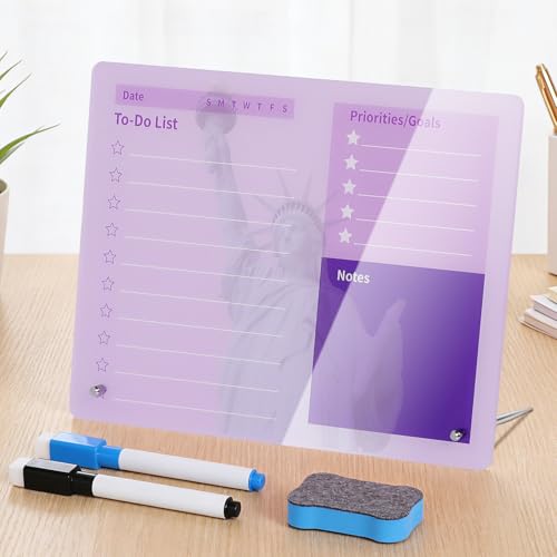 LeMotech Desktop Acrylic Dry Erase Board, 12x10 inches to-Do List Planner, Tabletop Whiteboard with Stand Office Supplies Includes 2 Markers & 1 Eraser, Purple Statue of Liberty Pattern, 1 Pack - color: Purple, size: 12"W x 10"H (1 Pack)