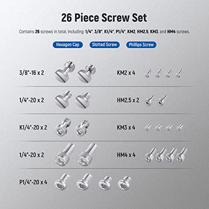 NEEWER 26PCS Camera Screw Set for Photography Equipment, Includes 1/4" 3/8" M2 M2.5 M3 and M4 Screws Compatible with SmallRig NEEWER Camera Cage, Top Handle, Side Handle Grip, Tripod QR Plate, UA002 - style: UA002