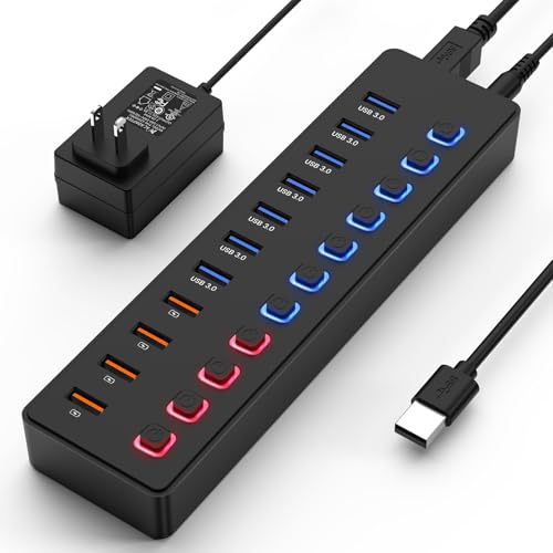 Powered USB Hub 11 Port USB 3.0 Splitter with 7 Data Ports + 4 Smart Charging Ports, Individual On/Off Switches & LED Indicators, Includes 36W Power Adapter for Mac PC Laptop