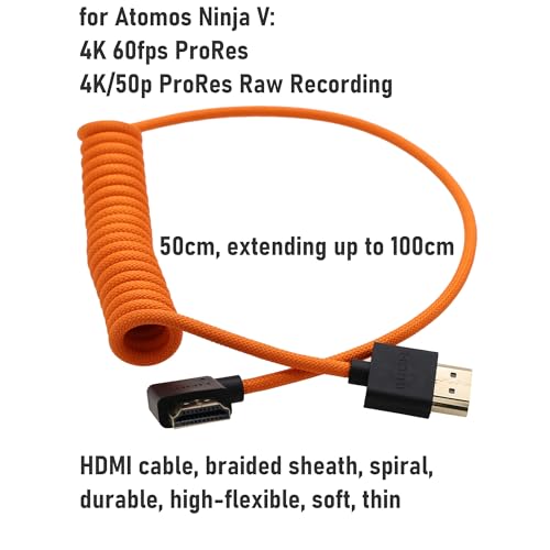 Flexible Coiled HDMI Cable, 8K60 4K120 for Atomos Ninja V Shinobi Ultra Monitor, Canon R5mk2 Nikon z6iii Sony FX2 A7Siii Lumix S1R Fujifilm Blackmagic ZCAM, Right Angle, 50cm - size: Right Angle to Straight