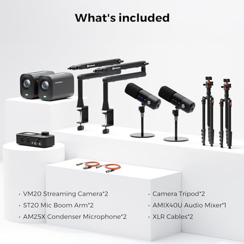 NearStream PodKit Duo, Podcasting Duo Kit with 2 VM20 Streaming Camera, 2 AM25X Microphone, 2 ST20 Mic Boom Arm, 1 AMIX40U Audio Mixer, 2 Camera Tripod and 2 XLR Cables - style: Podcasting Duo Kit
