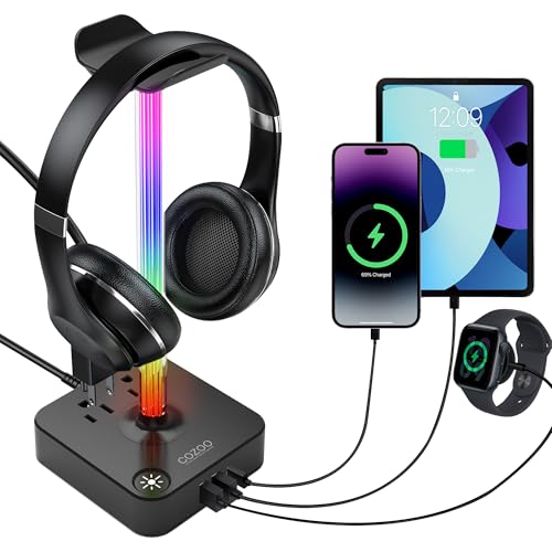 RGB Headphone Stand with USB Charger COZOO Desktop Gaming Headset Holder Hanger with 3 USB Charger and 2 Outlets - Great for Gaming, DJ, Wireless Earphone Display,Gamer PC Accessories Boyfriend Gifts - color: 2.Multi-LED lights