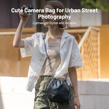 PGYTECH OneGo Drawstring Small Camera Bag, Leather Soft Camera Pouch compatible with Mirrorless Cameras/Nikon/Canon/Sony//Pocket 4/Fuji Camera Case - color: Black
