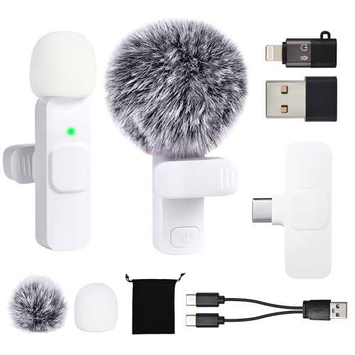 Mini White Microphone for iphone Android Phone Tablet ipad PC, Usb C Wireless Lavalier Mic for Video Recording Vlogging Youtube Tiktok Podcast Interview content creators, Tiny Microphones Clip on Mics - color: White Gray