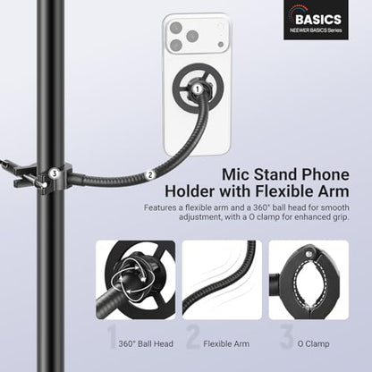 NEEWER BASICS Magnetic Phone Holder for Mic Stand with Flexible Tube, Magnet Adjustable Boom Pole Arm Mount Compatible with iPhone Android Samsung for Microphone Music Guitar Audio Recording, MS040