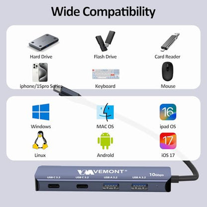 USB C Hub 3.2 10Gbps, VEMONT Aluminum USB 3.2 Hub with 2 USB-C and 2 USB-A Data Ports, Ultra Slim USB 3.2 Gen 2 Hub for MacBook Pro/Air 2022/2021, iPhone 15, iPad Pro, XPS, Surface Pro and More - style: 4 in1 10Gbps