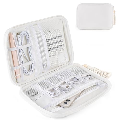 Mkono Electronics Organizer Travel Cable Cord Organizer Cotton Bag, Portable All-in-One Accessories Travel Essentials Storage Case with Tassel for Cable Charger Phone USB Pouch for Women, White - color: White