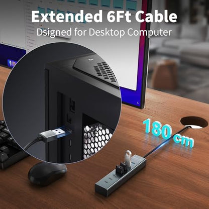 6Ft 7-Port USB Hub 3.0 for Desktop, 4 USB-A & 3 USB-C Ports Aluminium 5Gbps USB Extender Hub, USB Splitter, USB Hub Long Cable for Desktop, PC, Flash Drive, Mobile HDD SSD, Windows/XPS - size: 6Ft